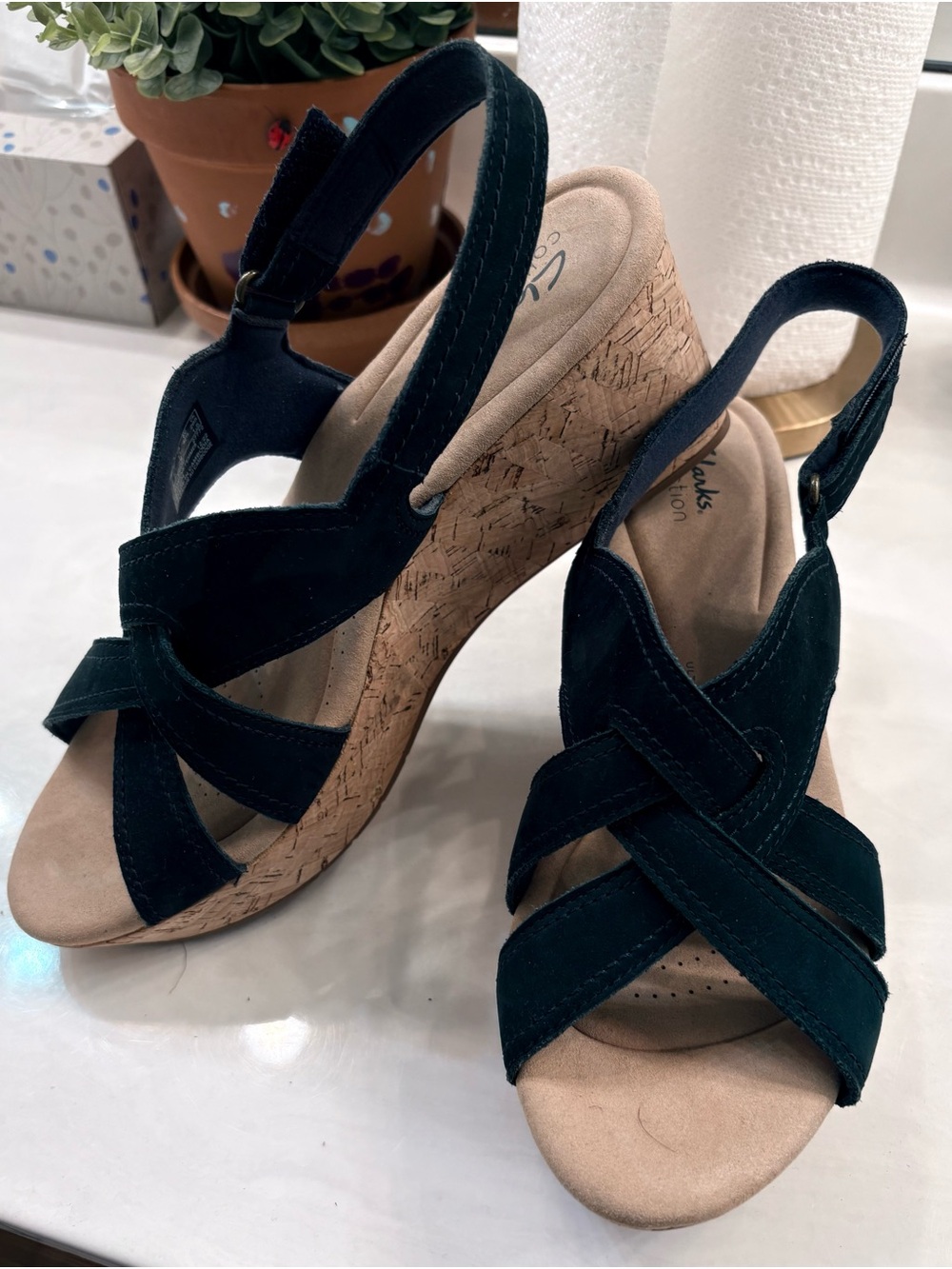 Clarks Black Suede Cork Wedge Sandals